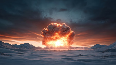 Photorealistic mushroom cloud in fiery sky, casting long shadows on a desolate landscape.の素材