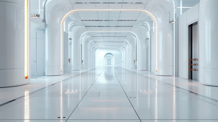 Empty 3D studio with a white futuristic background, neon-lit corridor, and silver road, set against gray walls for a high-tech vibe.の素材