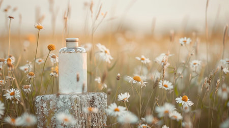 A weathered stone podium displays a perfume bottle amidst wildflowers.の素材