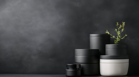 Dark-hued cosmetic containers on black velvet backdrop, creating mystery and allure.の素材