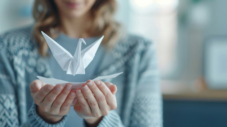 A photorealistic image of a couple holding an origami crane.の素材