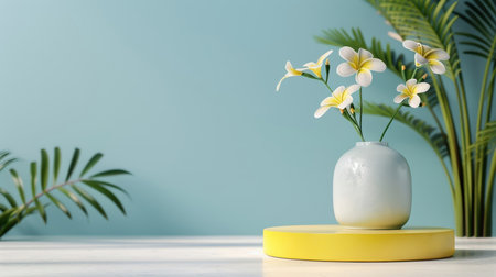 Vibrant yellow podium against nature-inspired 3D background, ideal for summer product showcases.の素材