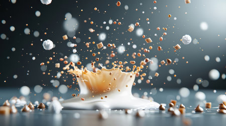 Dramatic caramel splash with milk and chocolate sauce on a dark background, featuring toffee and nougat pieces in a swirling liquid explosion.の素材