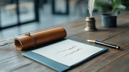 Weathered leather-bound diploma and framed certificate with calligraphy on rustic table.の素材