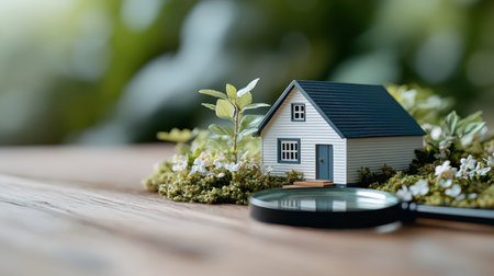 Whimsical depiction of miniature house model in greenery with magnifying glass.の素材