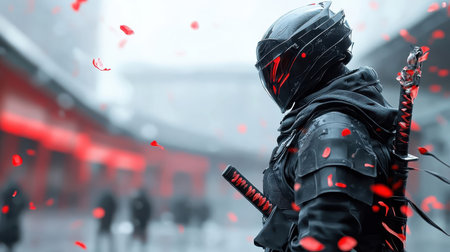 Stylized illustration of knight with flowing-blade broadsword.の素材