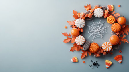 Whimsical wreath made of candy corn and spun sugar spider web.の素材