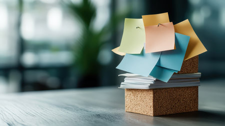Cork board filled with colorful sticky notes and mind maps, representing brainstorming.の素材