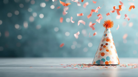 Party hat bursting with confetti, symbolizing celebration and joy.の素材