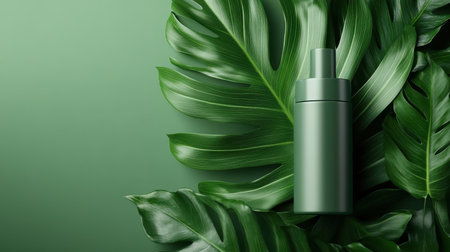Surreal vision of organic cosmetics emerging from monstera leaf.の素材