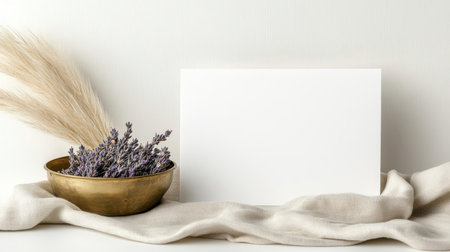 Close-up of blank invitation card with brass dish, dried lavender, and pampas grass.の素材
