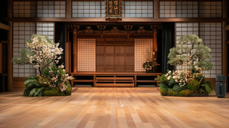 A traditional Japanese kabuki stage with a hanamichi walkway and vibrant costumes.の素材