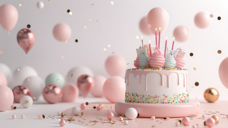 A pink podium transformed into a giant birthday cake with party favors and gifts.の素材