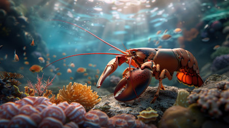 Lobster in serene underwater cave, shell glowing softly in filtered sunlight, surrounded by peaceful marine flora, tranquil and beautiful.の素材