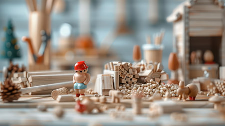 A whimsical illustration of a carpenter's workshop transformed into a fantastical world.の素材