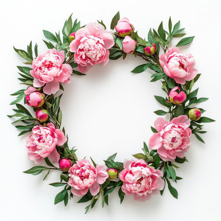 Pink peonies arranged in a wreath frame, isolate on white background.の素材