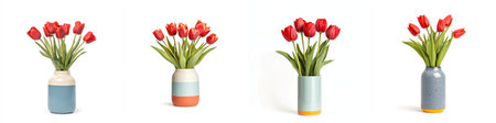 A bunch of red tulips in a colorful vase, isolate on white background. Collection.の素材