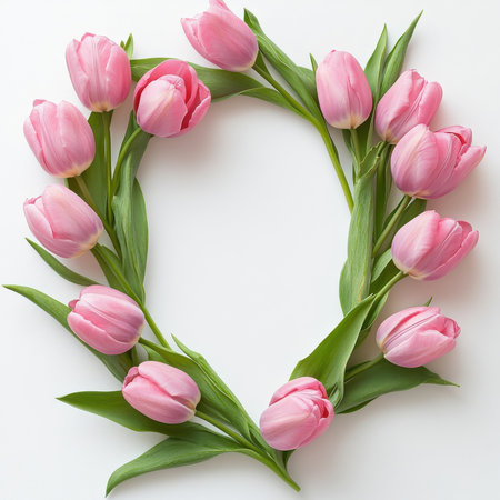Pink tulips forming a decorative frame, isolate on white background.の素材