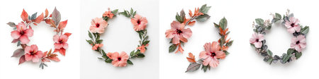 Decorative wreath frame adorned with hibiscus flowers, isolate on white background. Collection.の素材