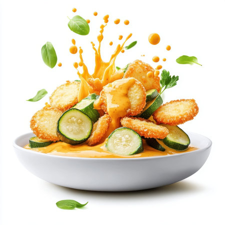 Fried zucchini splashing, yellow mustard sauce, isolate on white background. cutout png.の素材