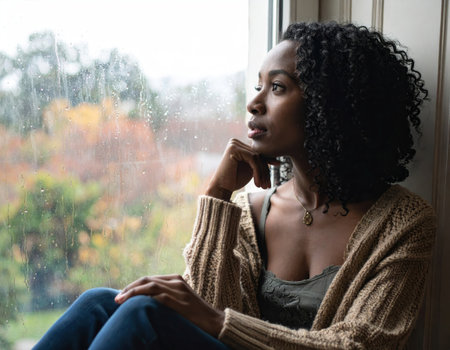 Woman looking thoughtful as she sits by a window, watching the rain fall outside.の素材