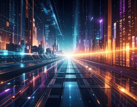 Futuristic digital background with glowing lines and abstract data patterns.の素材