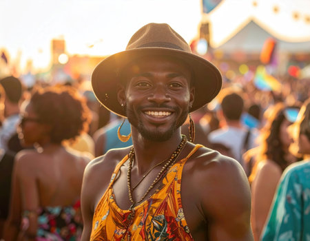 Crowd of people attending a lively outdoor festival.の素材