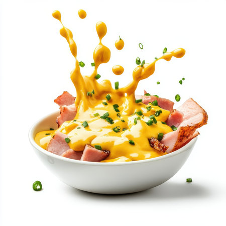 Ham splashing, yellow mustard sauce, isolate on white background. cutout png.の素材