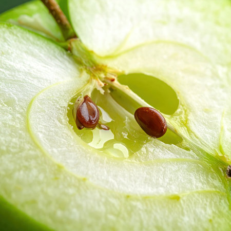 Macro of apple core with seeds and water droplets on itの素材
