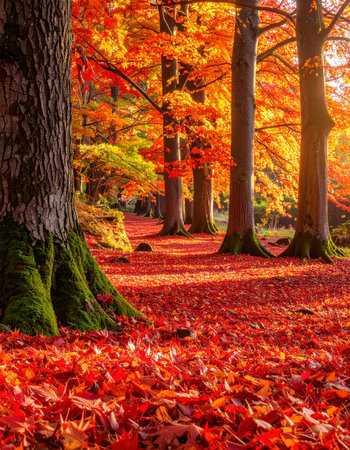 Autumn woodland with a carpet of red and orange leaves under towering trees.の素材