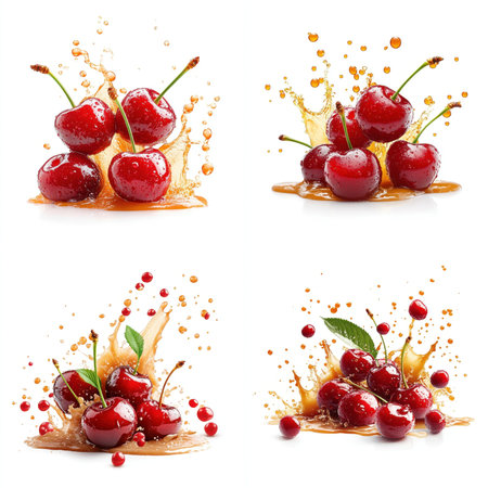 Cherries splashing in caramel glaze, isolate on white background. Mix Collection.の素材