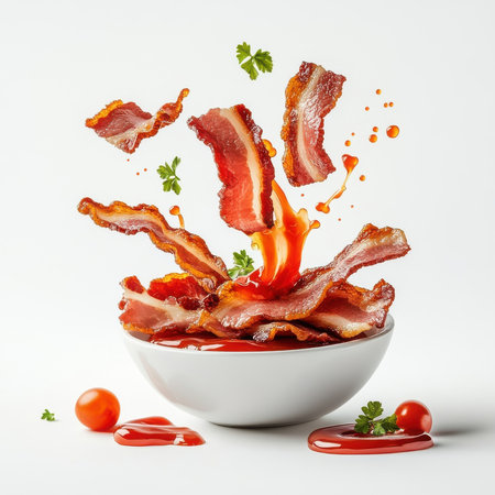 Bacon splashing, tomato ketchup, isolate on white background. cutout png.の素材