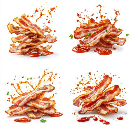 Bacon splashing, tomato ketchup, isolate on white background. Collection.の素材