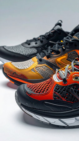 Sports shoes arranged on a clean background highlighting colors and design details.の素材