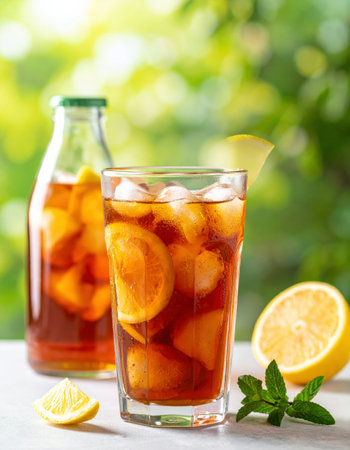 Iced tea in a tall glass with lemon slices and condensation.の素材