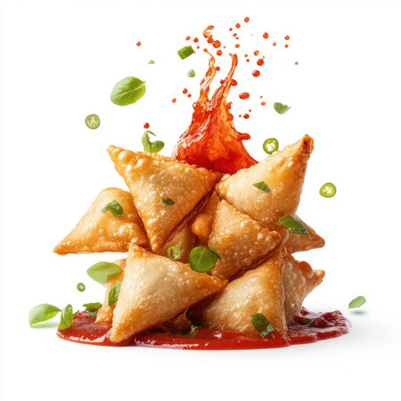 Samosas splashing, tomato ketchup, isolate on white background. cutout png.の素材