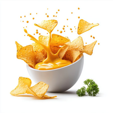 Potato chips splashing, yellow mustard sauce, isolate on white background. cutout png.の素材
