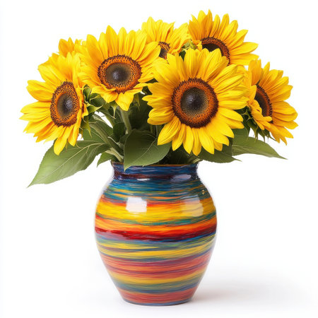 A bunch of sunflowers in a colorful vase, isolate on white background.の素材