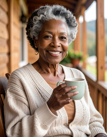 Senior woman smiling while drinking tea on a cozy porch.の素材