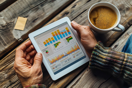 Close-up of hands holding a tablet with financial data and marketing notes.の素材