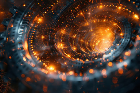 A swirling vortex of gears and wires symbolizing technological innovation.の素材