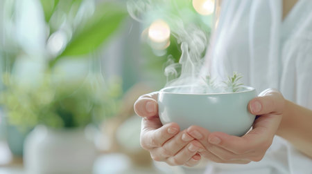 A therapist applying warm compresses to a woman's hands.の素材