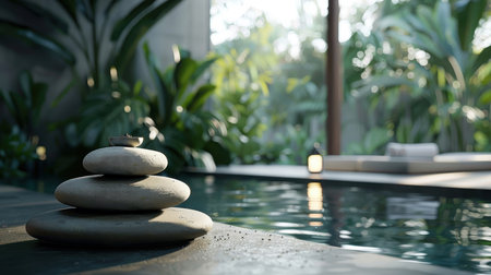 Outdoor spa area with spa stones beside a natural hot spring, surrounded by lush greenery and peaceful surroundings.の素材