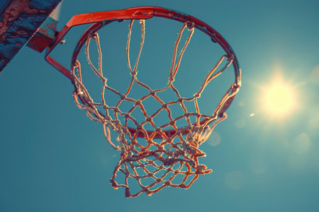 Focuses on the iconic image of the basketball hoop and net.の素材