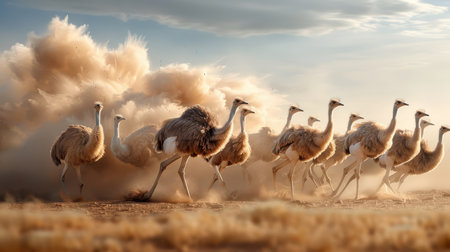 A flock of ostriches racing across the savanna.の素材
