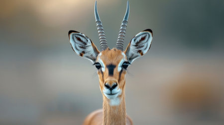 A close-up portrait of a springbok with curious eyes.の素材