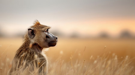 An alpha male baboon stands guard over its troop.の素材