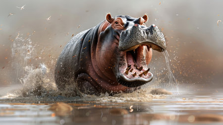 A hippopotamus yawning, its massive mouth wide open.の素材