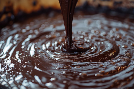 Brownie batter being poured into a baking pan.の素材