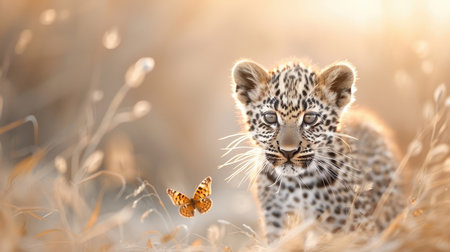 A playful leopard cub chases a butterfly.の素材